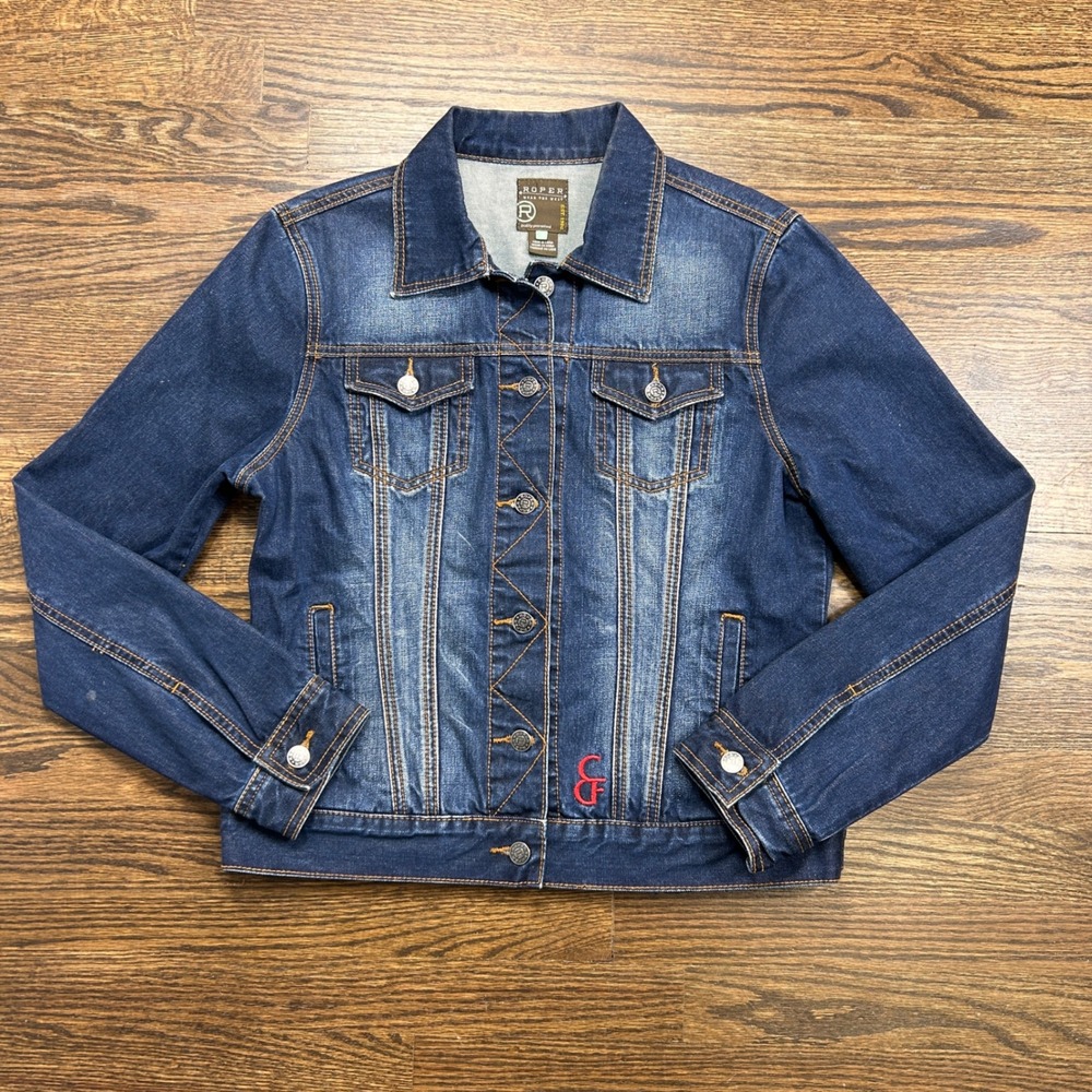 Roper Wear the West Womens Medium Denim Jacket Dark Wash Western Trucker CF Logo